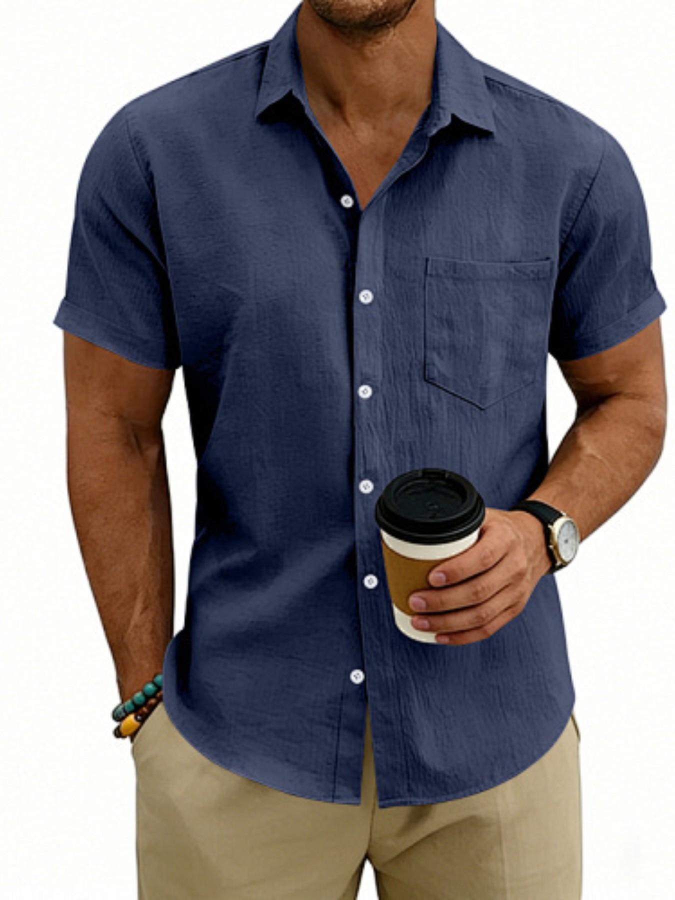 Men's Hawaiian-style linen loose-fit semi-high-neck short-sleeved top, designed for casual daily wear with comfortable and breathable fabric