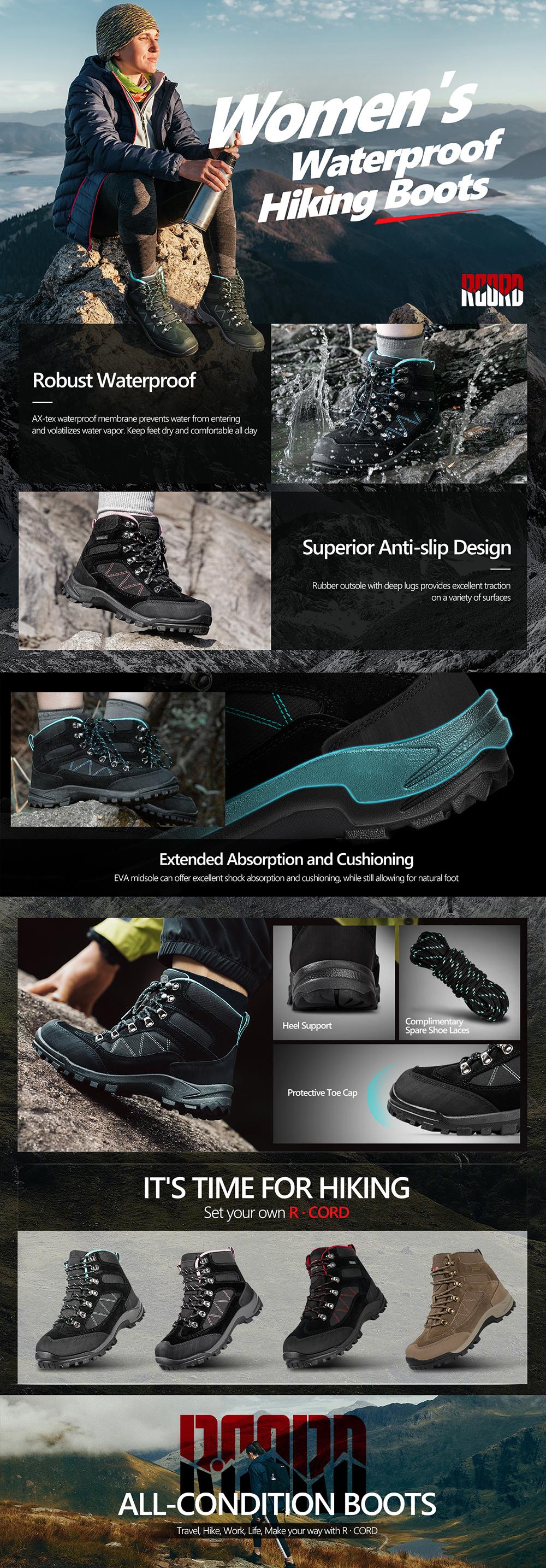 R CORD Women Hiking Boots for Outdoors Waterproof Ankle Support  Backpacking Boots Breathable Non-Slip Durable Hiking Boots