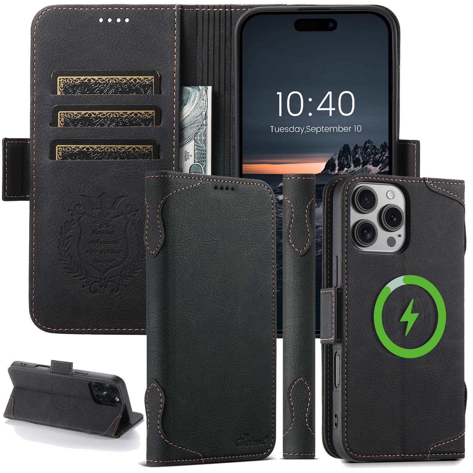 SUTENI Wireless Charging Faux Leather Card Holder Stand Wallet Magnetic Button Flip Cover Phone Case For iPhone 17 Pro Max 16 Plus 15 14 13 12 For Unisex Relatives Friends And Elders Holiday Gift
