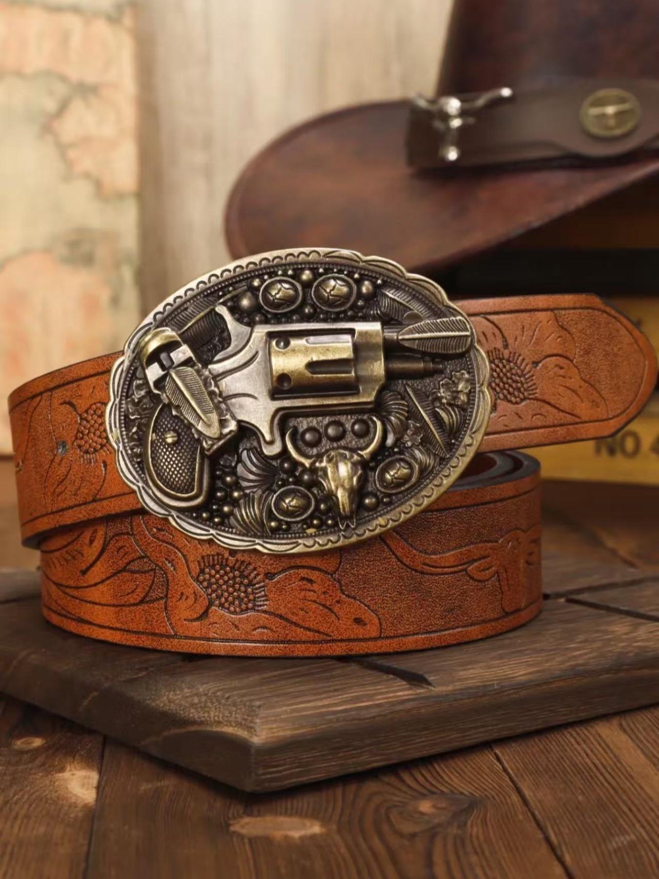 Boho Style Vintage Western Belt, Fashionable Ethnic Pattern Embossed Belt Buckle for Women & Men, Trendy All-match & Exquisite Belt for Birthday Gift