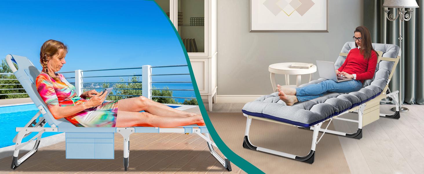 DoCred Deluxe 3-in-1 Tanning Chair with Face Hole, 5-Position Adjustable Beach Chair with Mattress, Oversized Portable Folding Chaise Poolside Lounge Chair for Outdoor Sunbathing, Lawn, Patio, Beach