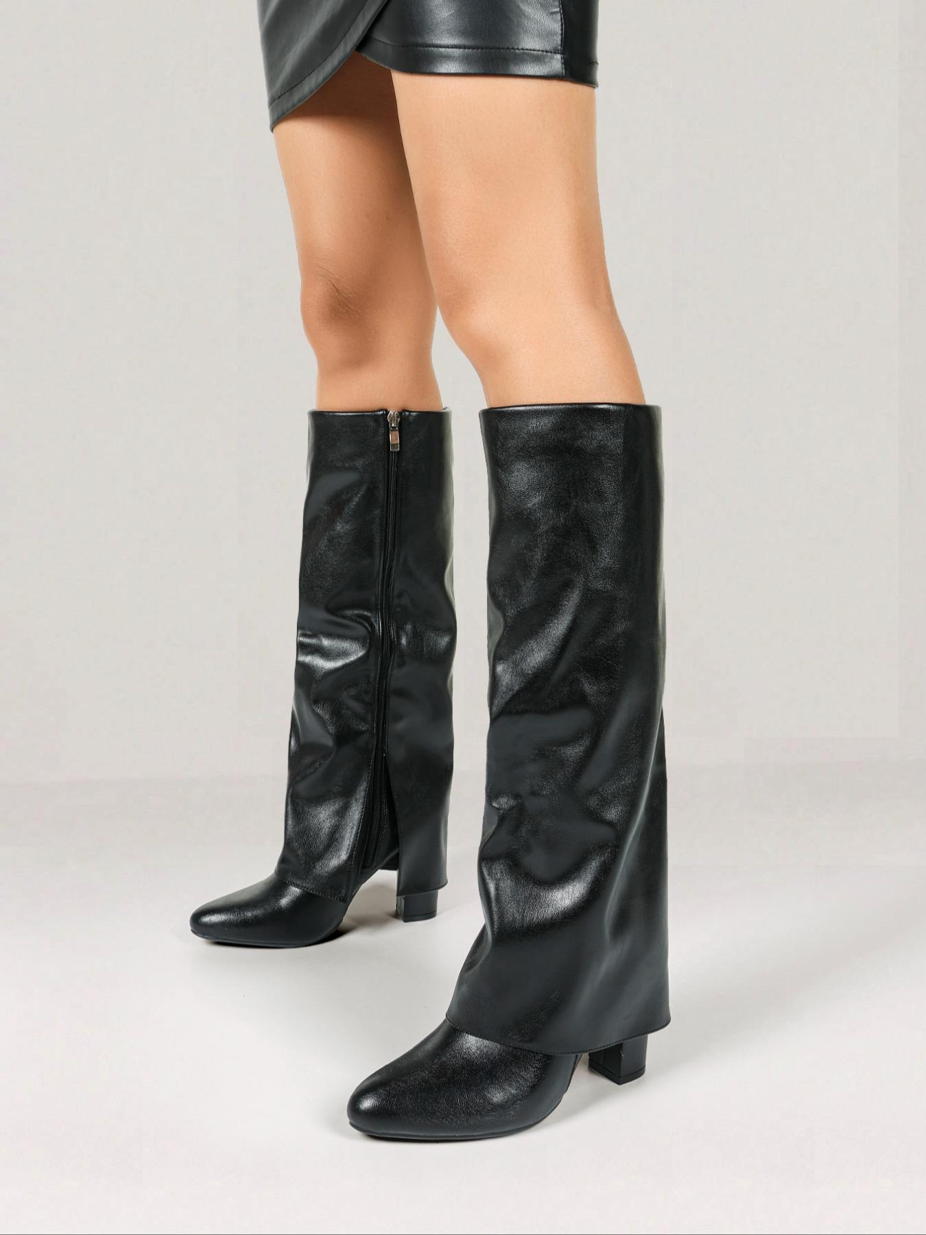 Women's Solid Color Knee High Heel, Elegant Pointed Toe for Fall & Winter, Pointy Toe Boots, Women's Shoes