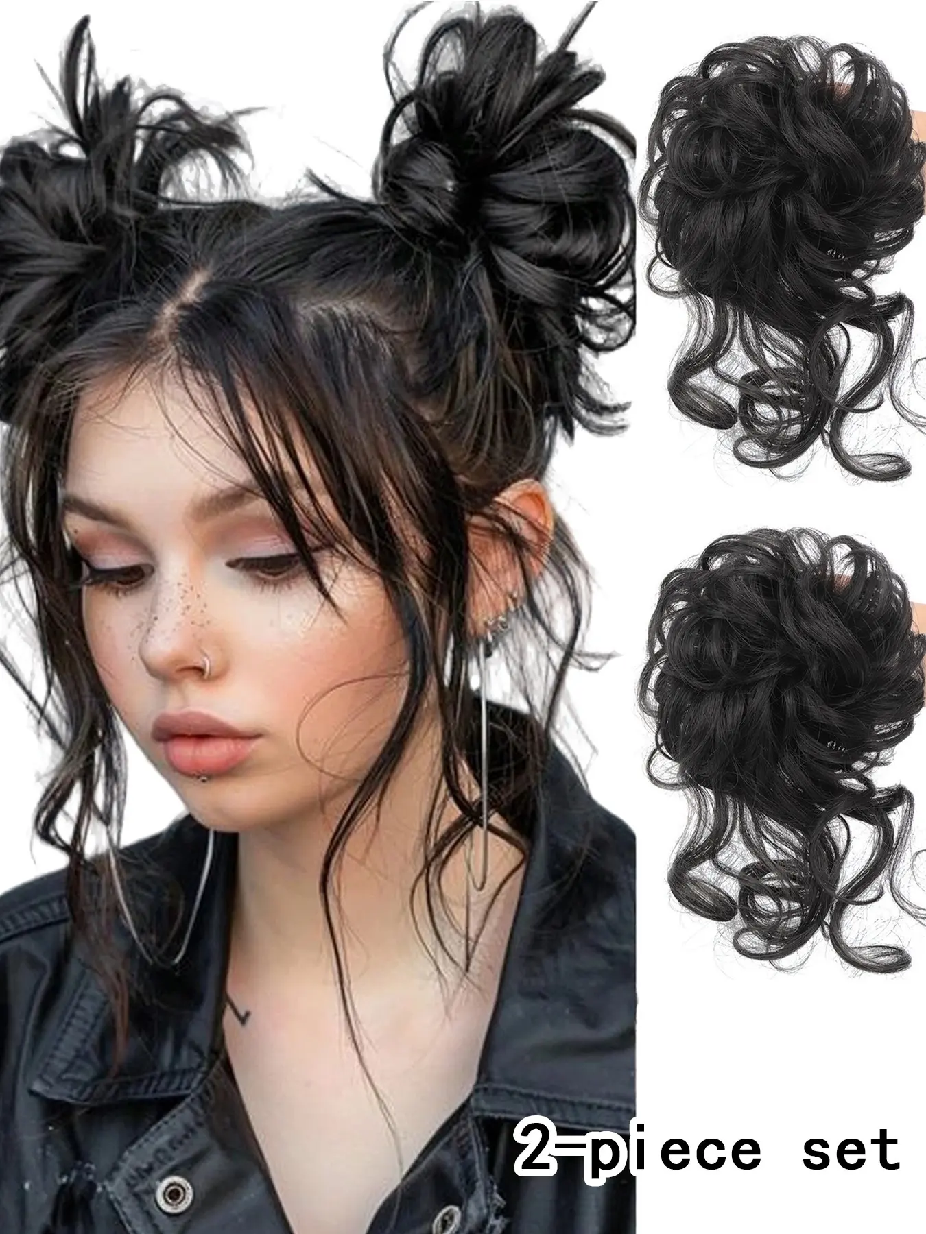 2-Piece Messy Updo Bun Set, Synthetic Hairpieces, Curly Hair Pieces, Fake Braided Elastic Hair Loops, Wave Hair Coil Thick Updo Ponytail, Synthetic Ponytails, Natural Hair Color Hair Accessories for Everyday Use