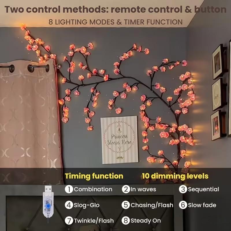 96led Cherry Blossom Tree Light, DIY Realistic Sakura Bedroom Decor Lamp, Party Restaurant Wall Decoration, Wedding Holiday Xmas Home Ambiance