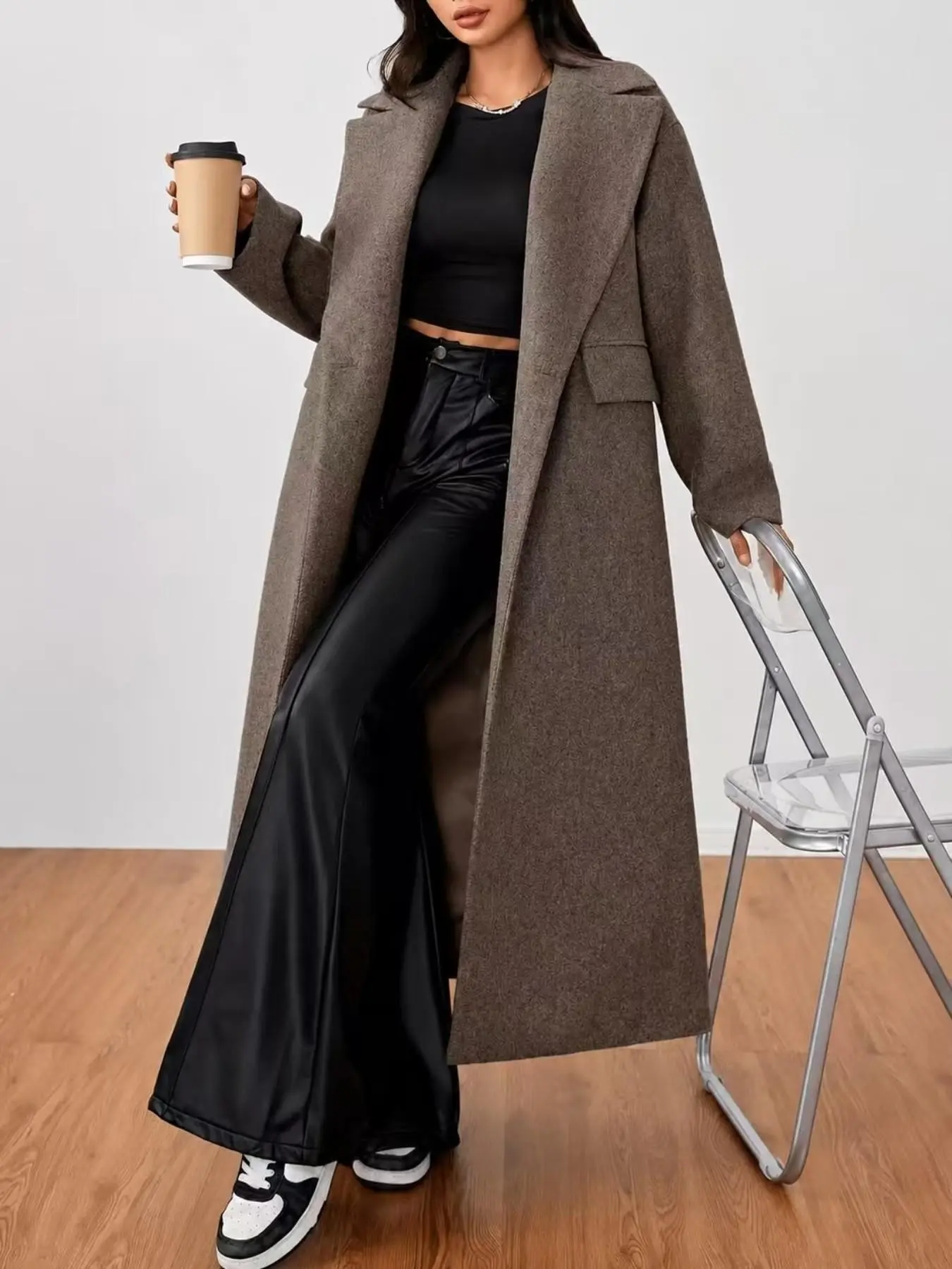 Elegant Women's Jacket, Coats, Monochrome Design, Notched Lapel, Long Sleeve, Medium Length, Office Wear, Commute, Travel, Fall & Winter Fashion