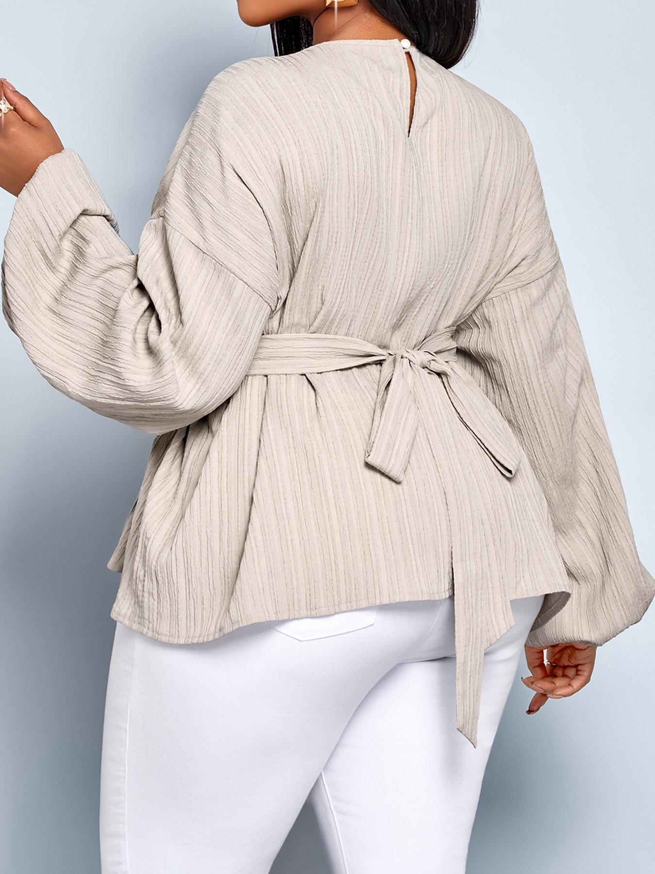 Women's Casual Long Sleeve Shirt Top, Fall & Winter Fitted Plain Bow Design, Large Size Round Neck Back Tie Knot Blouse