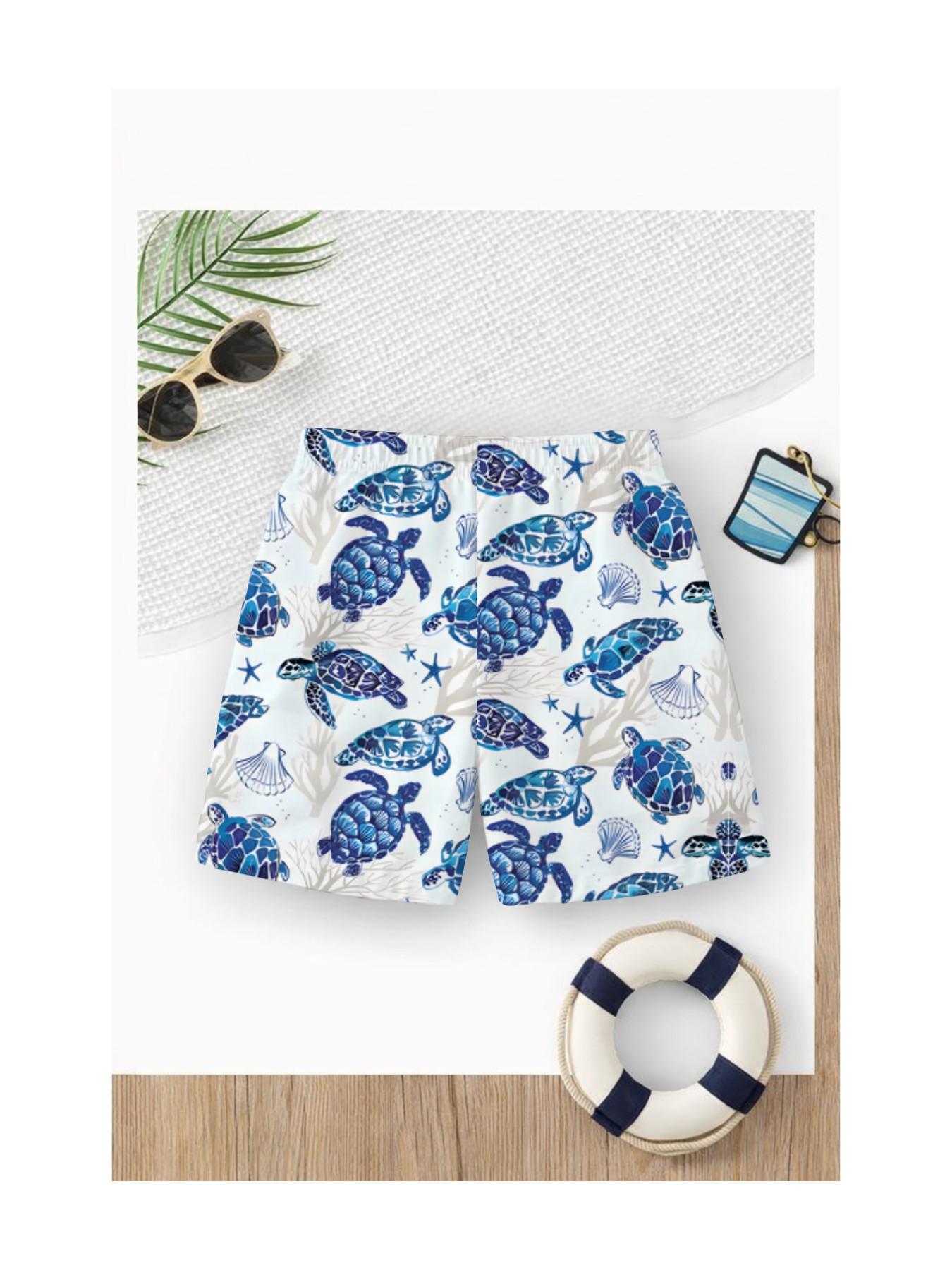 Summer Boys' Turtle Print Drawstring Beach Pants, Kids Casual Short Swim Trunks, Slim-Fitting, Cartoon Pattern, Ideal for Vacation