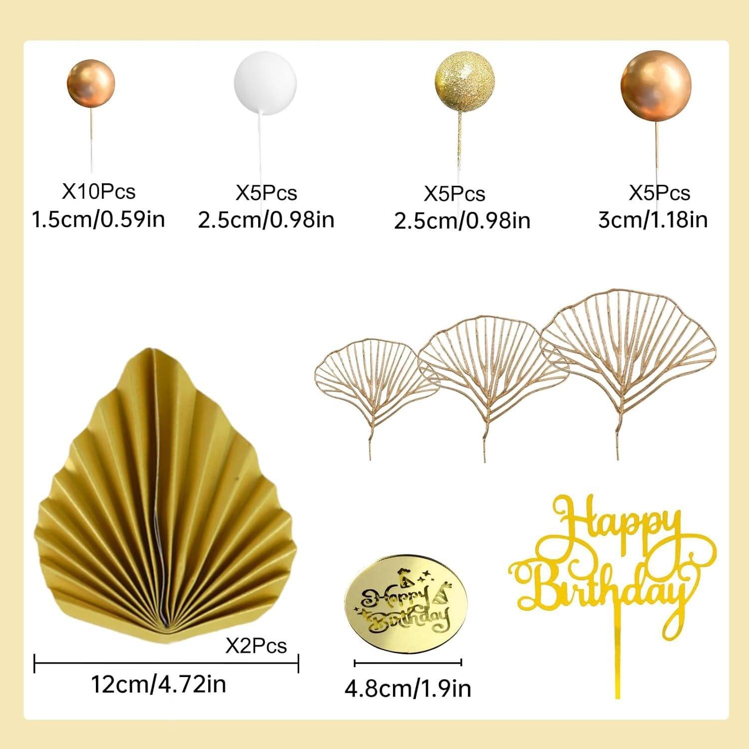 32 Paper Fan Cake Decorations, Baking Cake Decor, Gold Foam Ball Decorations, Birthday Cake Decorations