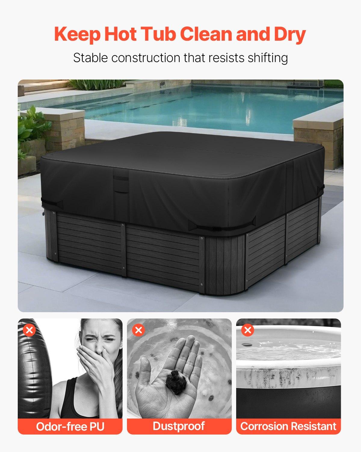 VEVOR Outdoor Hot Tub Cover, 80x 80x 20 Inch Weatherproof and Waterproof Hot Tub Cover Protector, 600D Heavy Duty Oxford Fabric and 950N Tearing Strength, Square Spa Covers for Hottub, Black