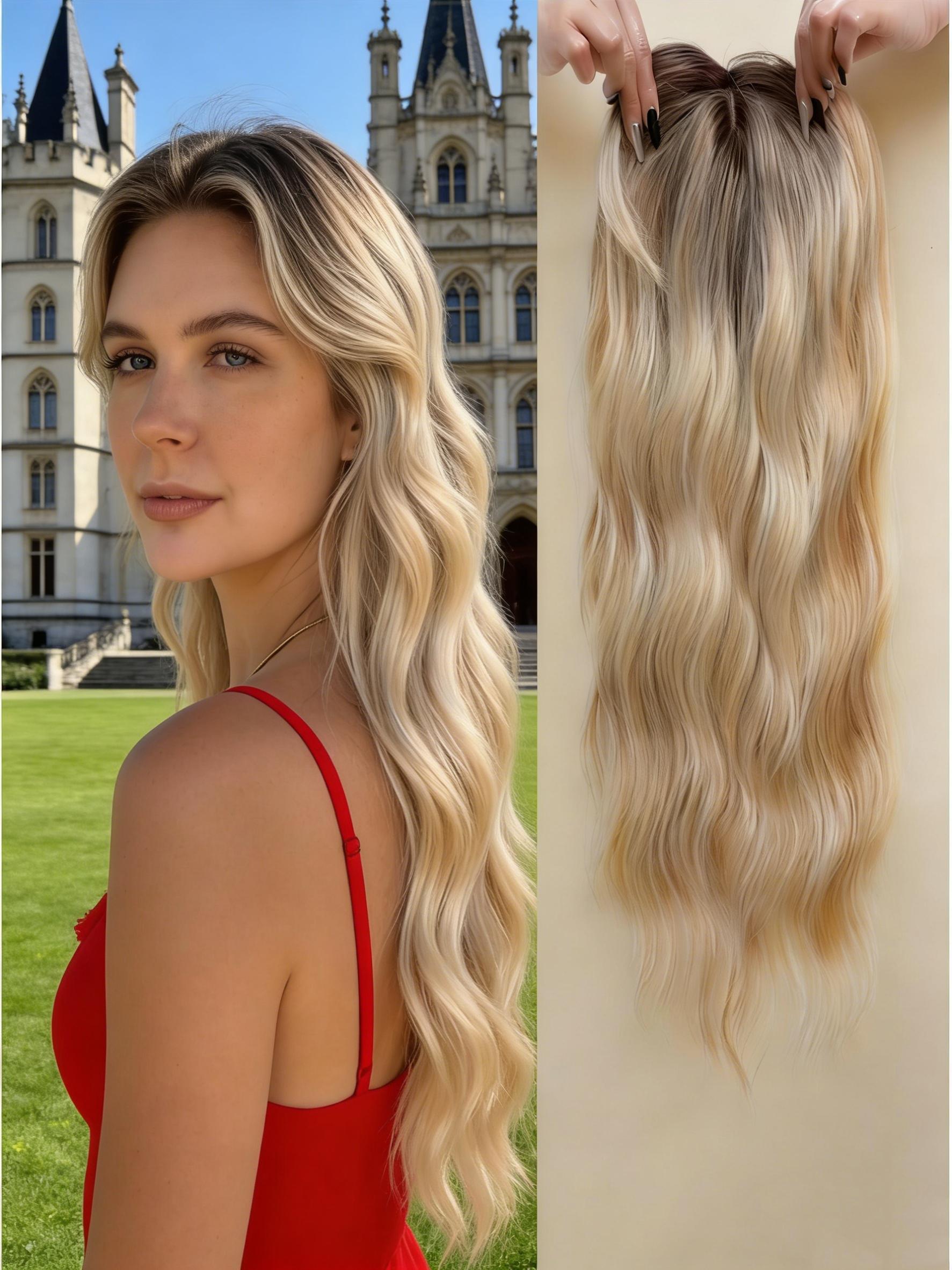 ✨Viral Long Wavy Hair Topper, Dark Brown Balayage with Natural Highlights, Invisible U-Part Clip-In Extensions, Glueless Easy Wear for Natural Looking Hair