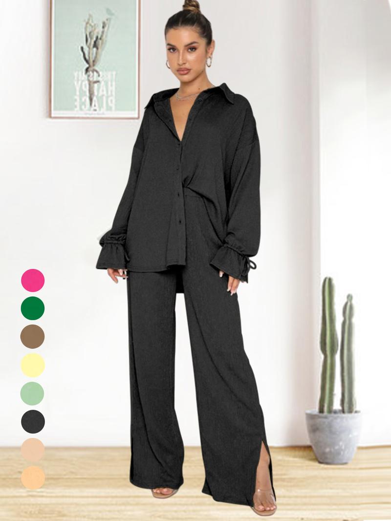 Women's Solid Button Front Shirt & Split Hem Pants Set, Casual Comfy Basic Flounce Sleeve Top & Wide Leg Trousers for Daily Wear, Women's Clothing