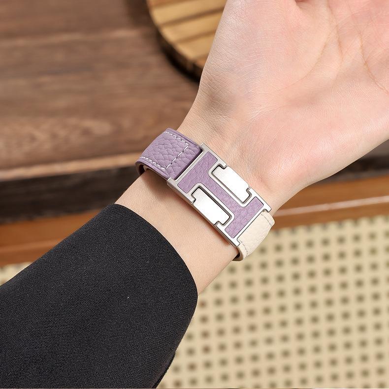 New H-Type Magnetic Buckle Lychee Pattern Leather Smart Watch Strap (38-49mm)