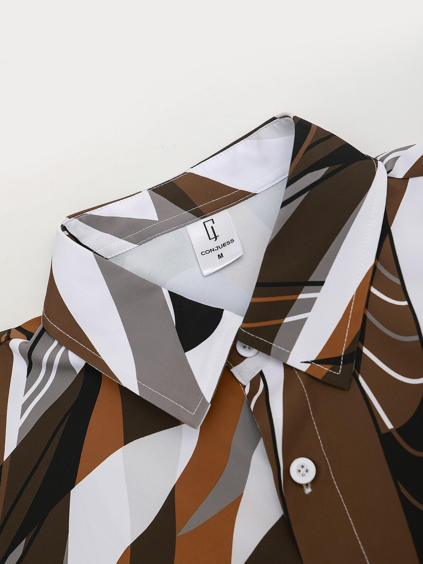 Men's Brown & White Abstract Art Print Home Loungewear 2-Piece Set - Short-Sleeve Lapel Shirt (Dynamic Brushstroke Pattern) + Drawstring Waist Solid Brown Shorts, Lightweight Breathable Fabric, Relaxed Slouchy Fit, Ideal for Lazy Weekend Lounging, At-Home