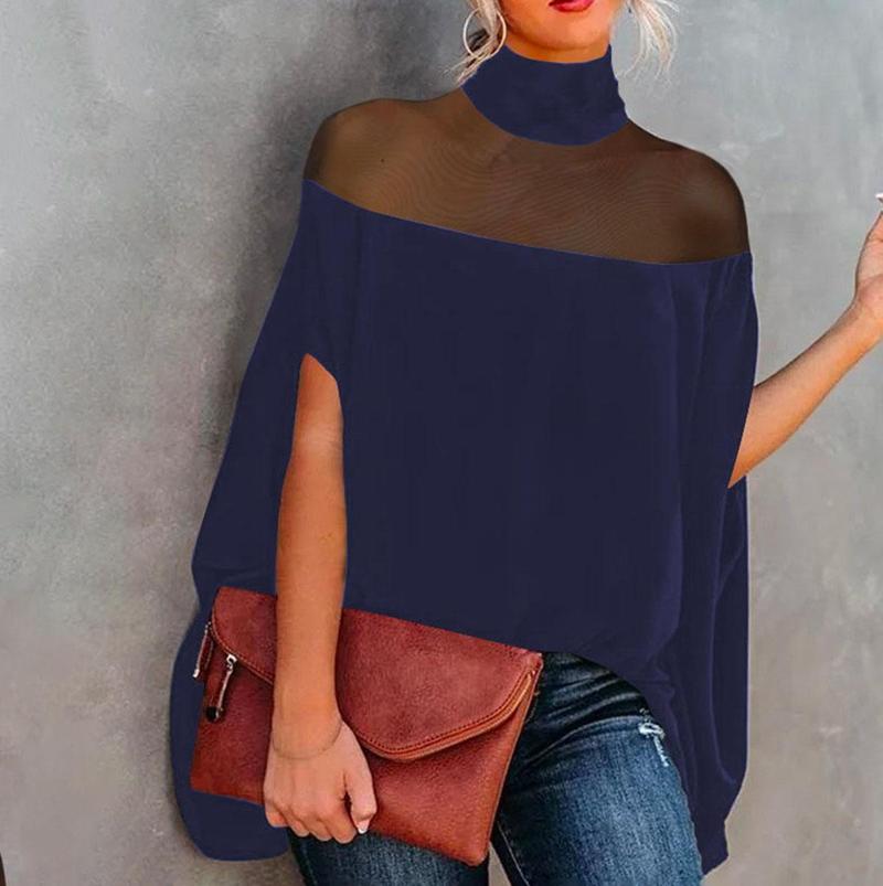 UOOZEE Women's Batwing Sleeves See-Through High-Neck Blouse – Minimalist, Casual Comfort for Everyday Wear casual long sleeve knit top The size is too big, it is recommended to order a smaller size Fit Shirts Black Womenswear Basic Check Turtleneck Loose