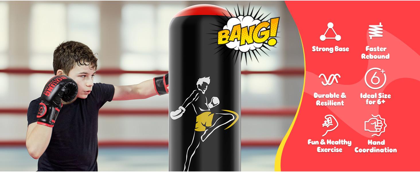 QPAU 66 Inch Inflatable Kids Punching Bag Toy with Boxing Gloves for Ages 6-12 Christmas Gifts for Boys & Girls Ideal for Karate Taekwondo MMA Exercise Strengthening Fun Family Time - Energy