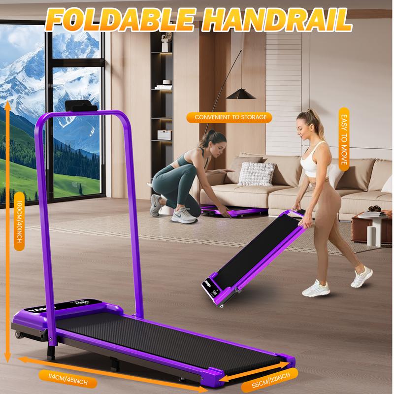 YAGUD Colorful Handrail Folding Treadmill, Quiet Motor Walking Pad, 300lbs Max Load, Shock Absorption, Remote Control, Easy Transport, Includes Resistance Bandsuts