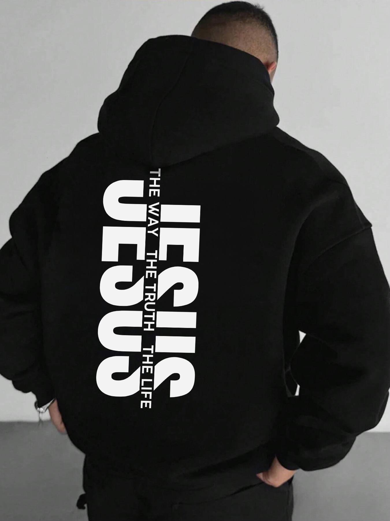 Men's Jesus The Way The Truth The Life Letter Print Knitted Hoodie, Regular Fit Casual Long Sleeve Graphic Hooded Sweatshirt for Daily Wear, Men's Clothes for Fall & Winter