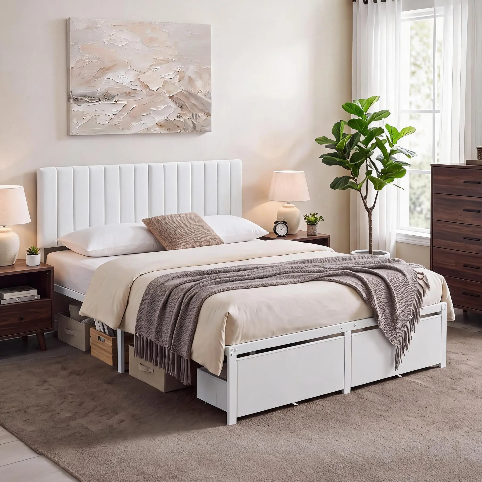 Full/Queen Size Bed Frame with Storage Drawer & Headboard, Sturdy Metal Frame, No Box Spring Needed, Easy Assembly, Metal Platform Mattress Foundation
