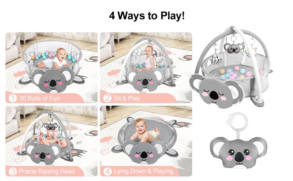 dearlomum 4-in-1 Baby Play Mat Koala Gym Tummy Time Mat for Floor Activity with 30 Balls & 5 Sensory Toys for Newborn Toddler Boy & Girl Gifts