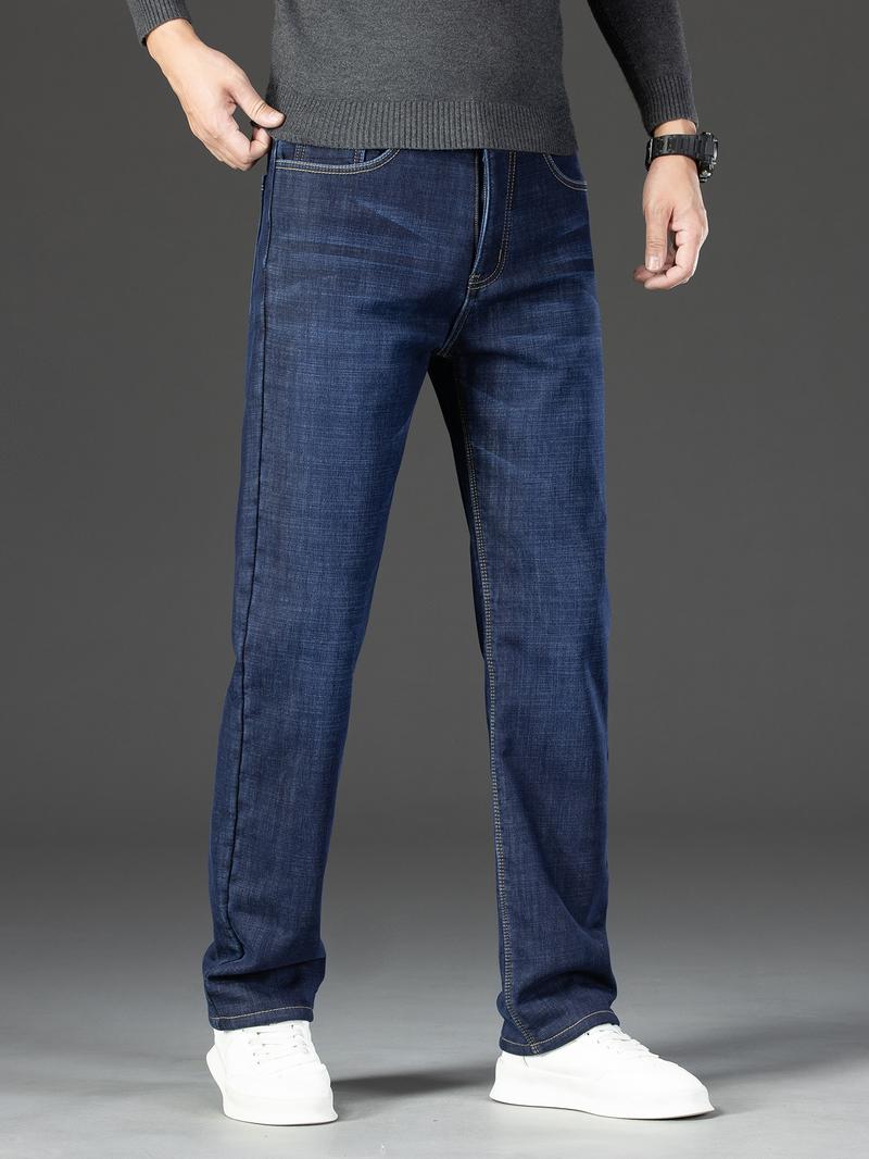 Men's Thickened Winter Fleece Plain Button High Waisted Jeans, Loose Straight Leg High Waist Casual Elastic Pants, Warm Long Denim Trousers for Fall & Winter