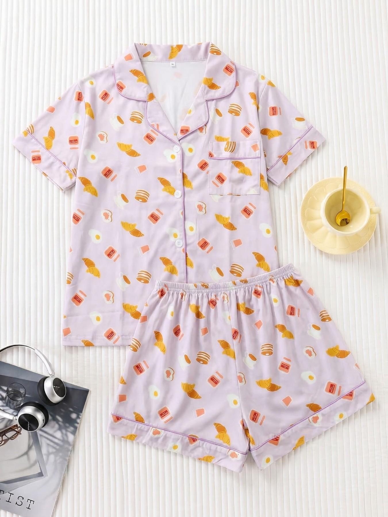 Women's Cute Cartoon Pyjama Set, Short Sleeve Fitted Sleepwear, Soft ...