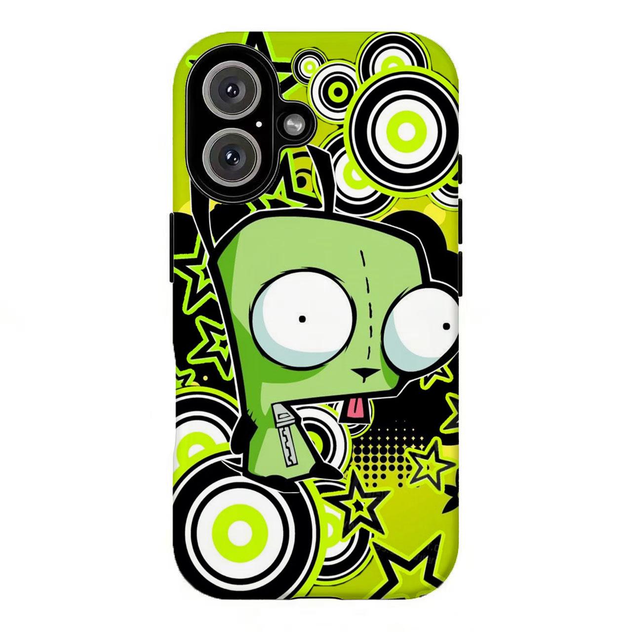 FL-Invad3r Zim GIR Skulls & Stars Phone Case,Green Alien Cartoon Y2K Punk Cover For iPhone 11 12 13 14 15 16 17 Air Pro Max for Samsung S26 S25 S24 S23 S22 S21 Case,Gift for her/him/fans