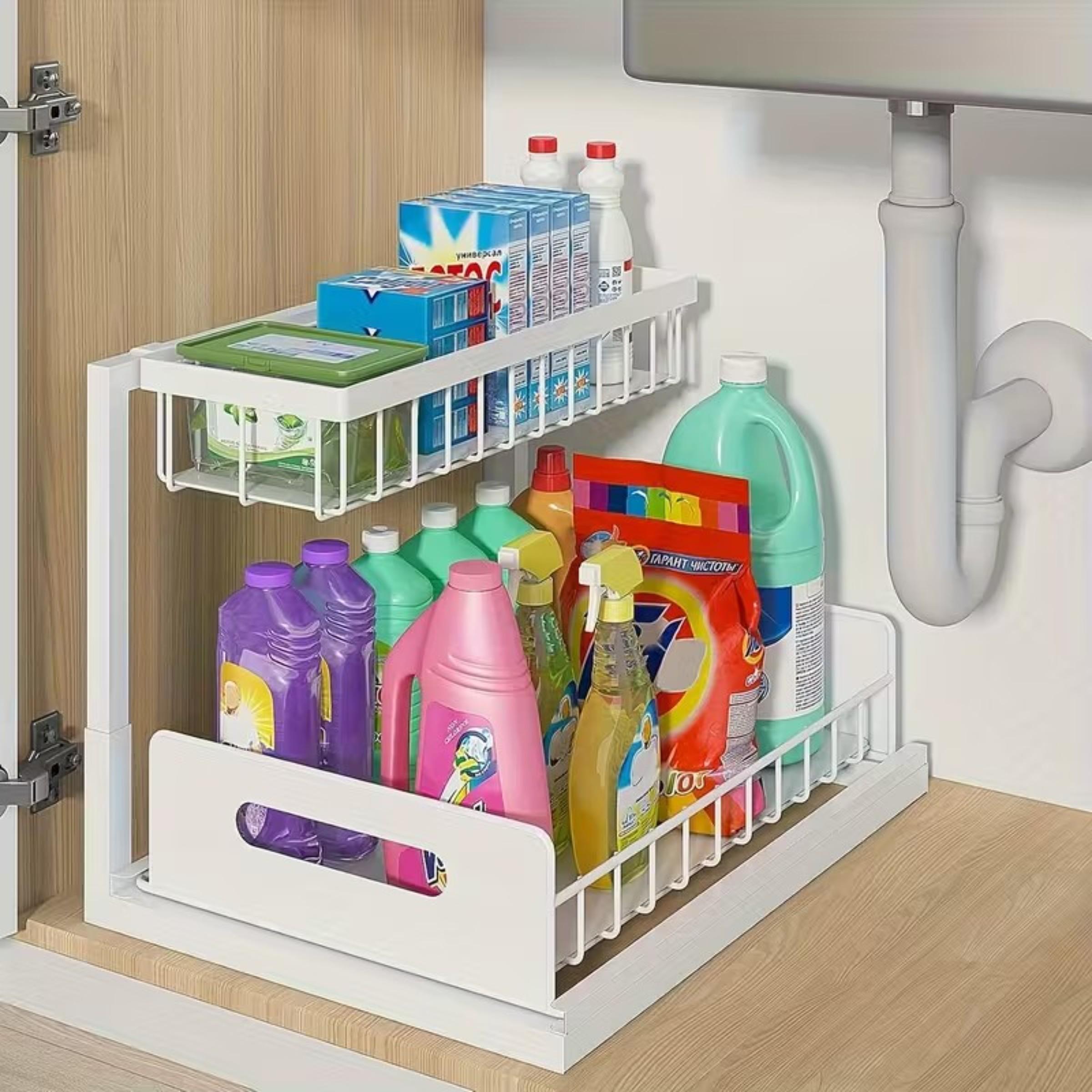 Double Layer Sink Organizer Rack with Metal Sliding Shelves, Adjustable Standing Shelf, Perfect for Kitchen Bathroom Food Storage Cabinet Space (1 Piece or 2 Pieces)