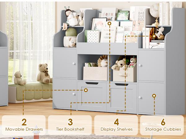 FOTOSOK Toy Storage Organizer with  8 Storage Cubbies and 2 Movable Drawers, Toy Organizer with Hidden Wheels and 3-Tier Kids Bookshelf, Multifunctional Floor Storage Chest for Playroom