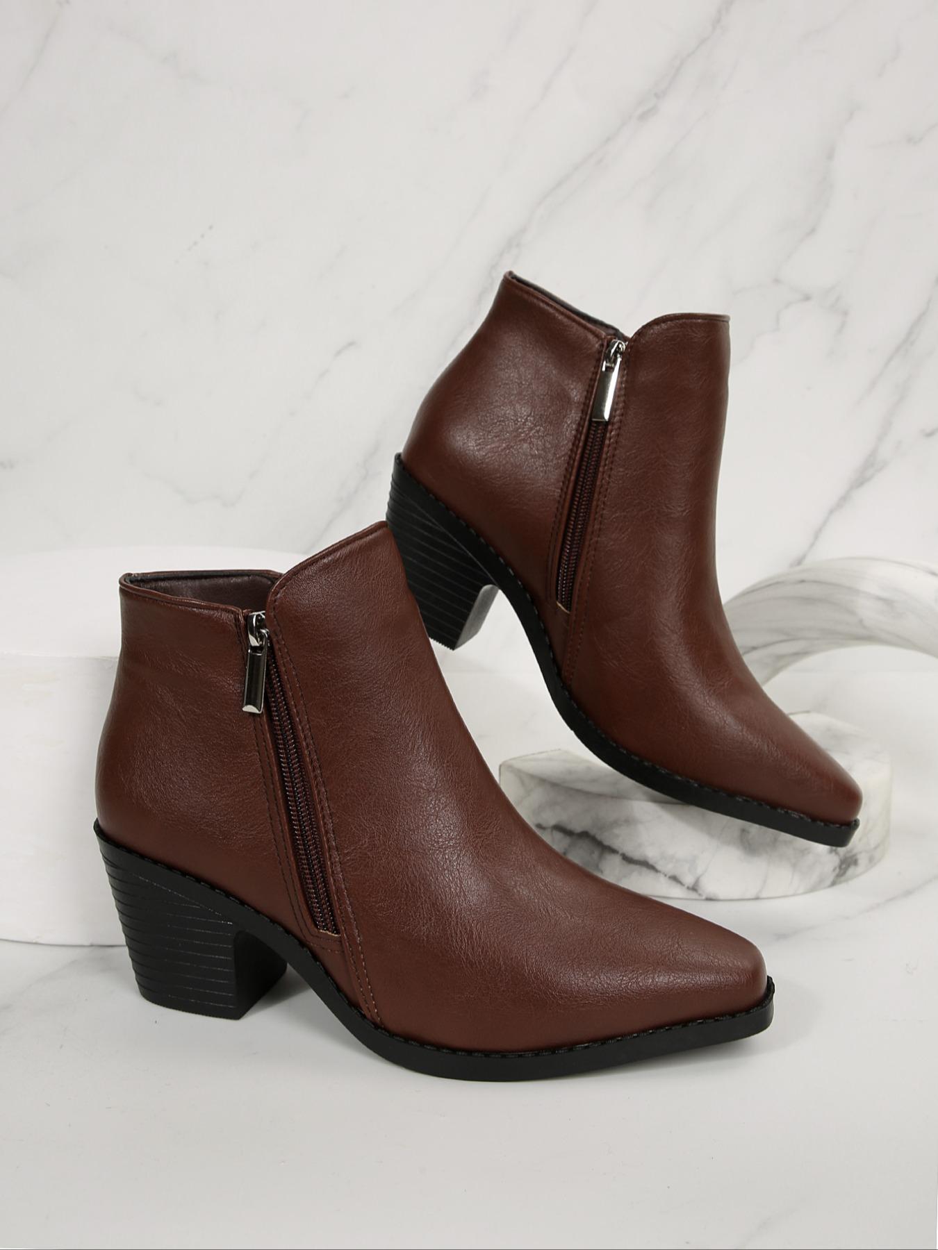 Women's Fashion Fall High Heel Square Toe Ankle Boots with Dual Zipper, Stylish Comfortable Short Booties for Casual Wear