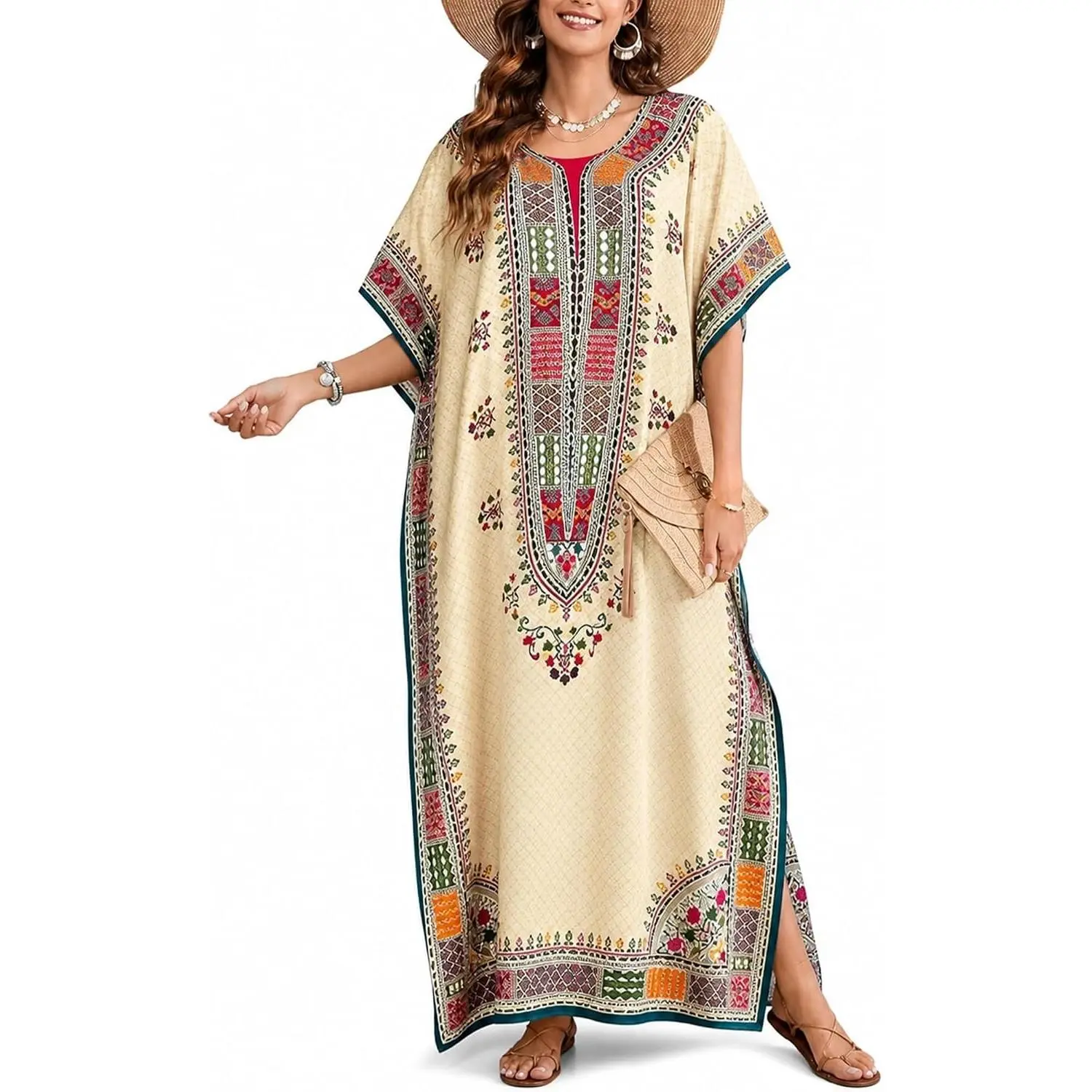 Goood Times Plus Size Kaftan Long Maxi Kimono for Women, 52" Length, 3/4 Sleeves, Kaftan Nightgown for Women