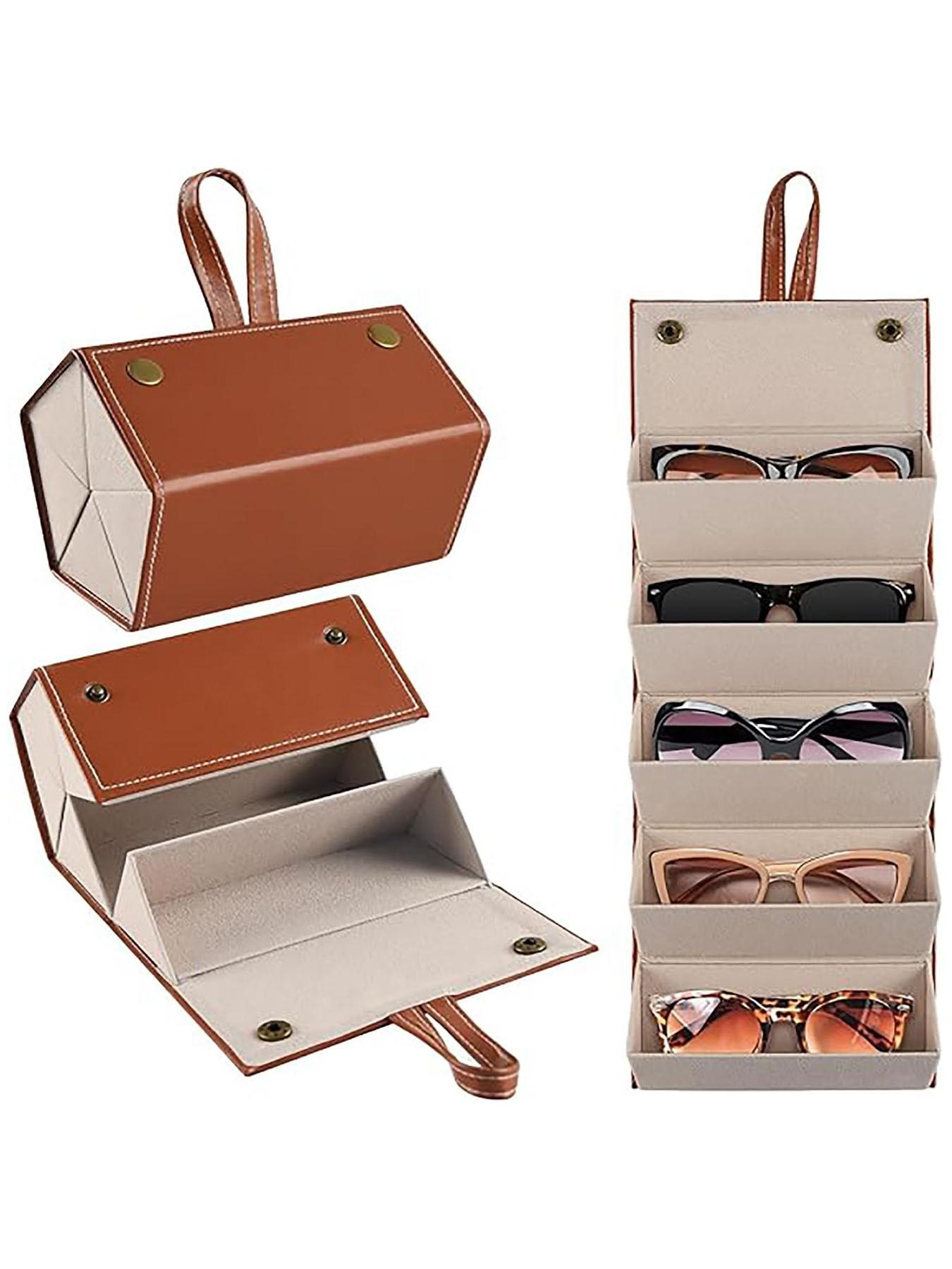 Simple Leather Multi-Compartment Eyeglass Case, Nearsighted Glasses Sunglasses Storage Box, Foldable Eyewear Organizer Holder