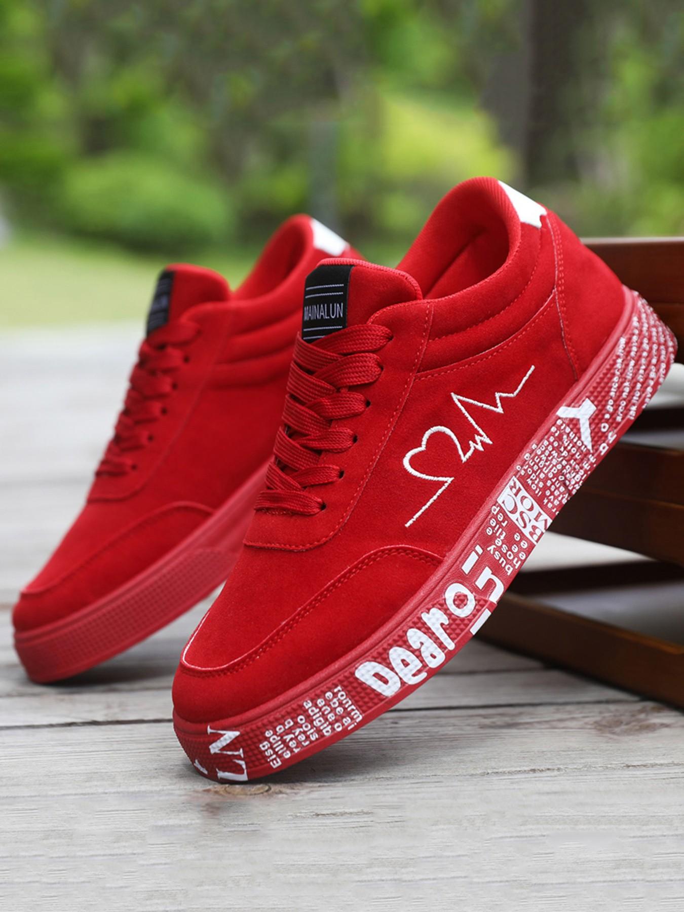 Valentine's Day Unisex Graffiti Print Thick Sole Ice Skates, Solid Color Lace-Up Low Top Running Shoes, Casual Fashion Sports Sneakers