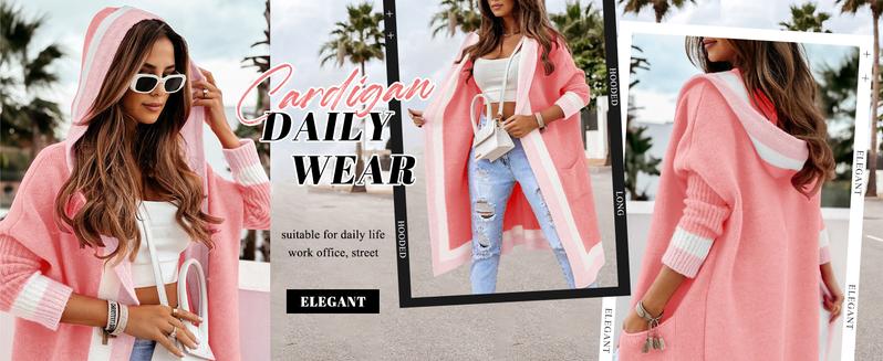 Chouyatou Women's Color Block Vertical Striped Open Front Oversized Hooded Long Cardigan Sweaters with Pockets Knitwear Tops