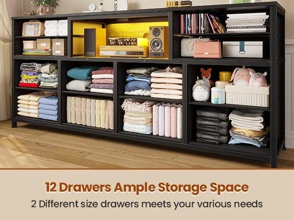 Sikaic 55 inch LED TV Stand Dresser with Power Outlets and 12 Drawers PU Black Furniture Storage Organize Living Room Modern Design Organization Organizing