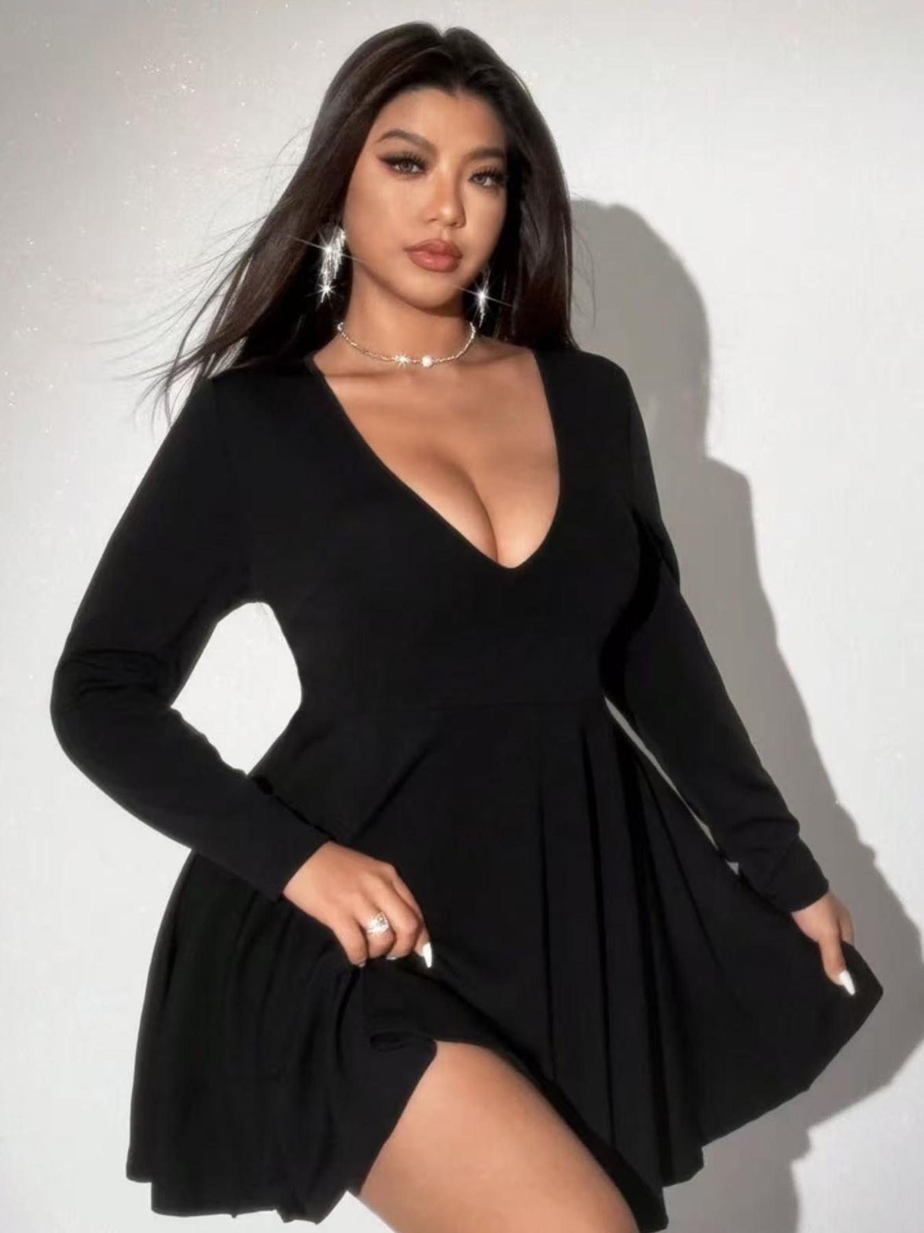 black long sleeve deep v dress TA3 Plungey Long Sleeve Mini Dress - Black - 3X main image 1
