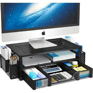 Simple Trending Desk Organizer and Accessories, 2 Tier Computer Metal Monitor Stand Riser with Drawer and Pen Holder for Laptop, Computer, iMac, Black