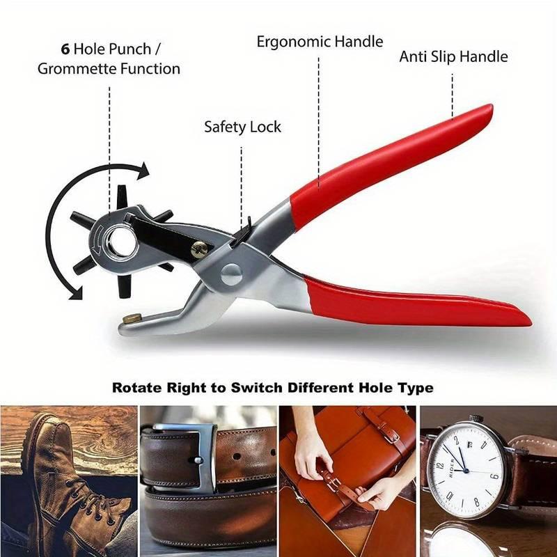 Heavy-Duty Manual Leather Hole Punch Tool - with 6 Hole Sizes , Non-Slip Grip - for Belts, Watchbands, Shoes, Leather Crafting - Professional & Home Use - No Electricity Needed - Red Punch Pliers, Shoe Repair, Compact Design, Sturdy Build, DIY Hobbyists