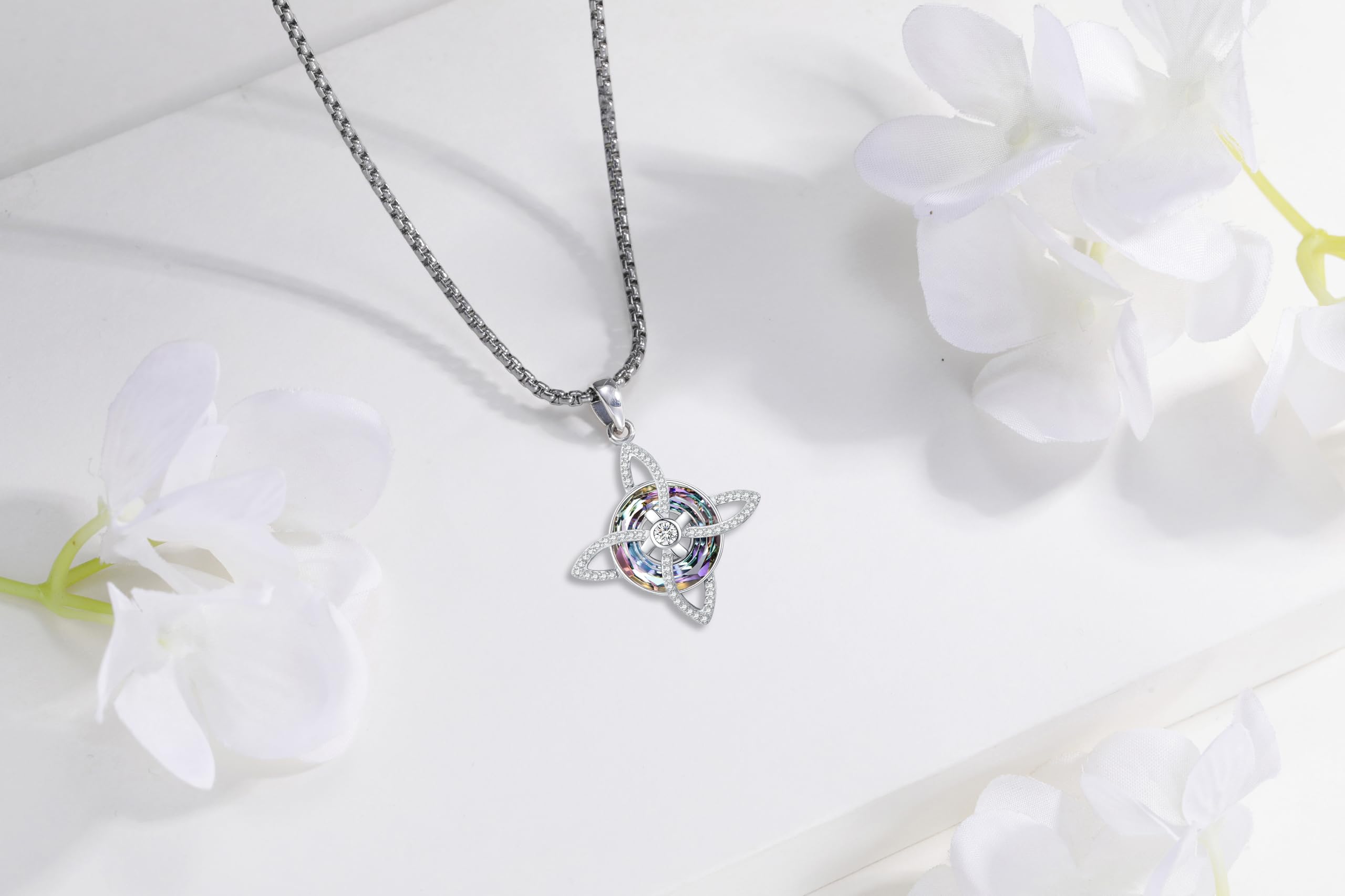 DRINSPER S925 Witch‘s Knot Necklace Celtic Knot 925 Sterling Silver Witches Knot with Charming Crystal, Pagan Wicca Moon Irish Celtic Jewelry for Women, Trinity Knot Design, Protection and Mysticism Amulet Jewelry Accessories Gift for Girls