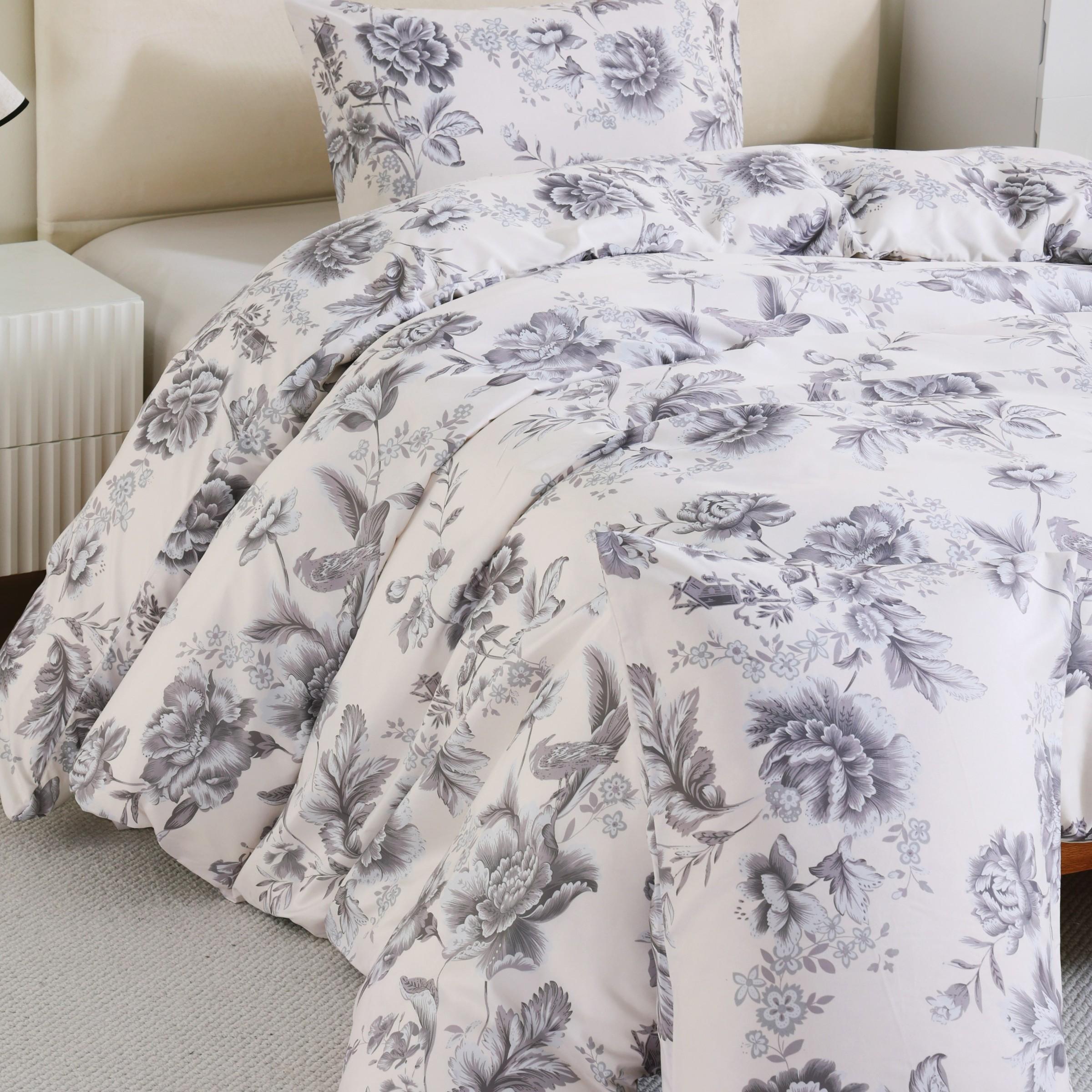Spring & Summer Refresh, Ink Wash Floral and Bird Print 3-Piece Duvet Cover Set, Includes 1 Duvet Cover and 2 Pillowcases (Without Insert), Soft and Comfortable, Machine Washable for Easy Care.