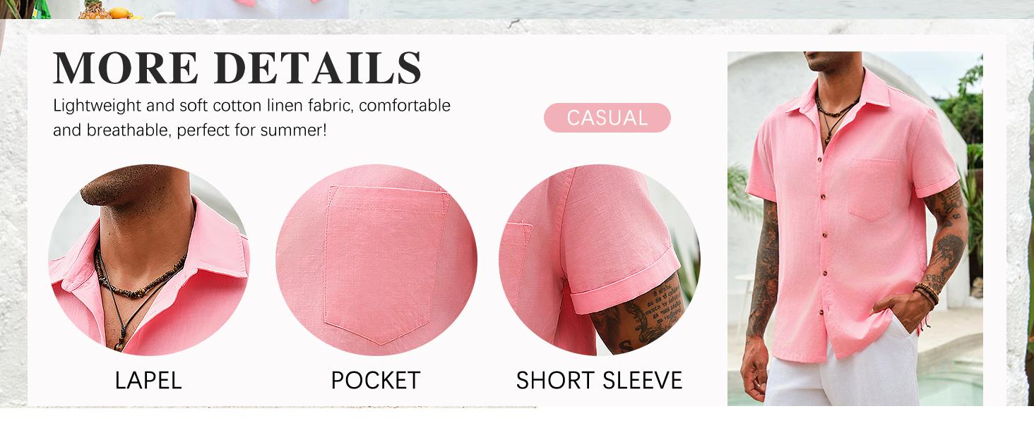 Runcati Men's Short Sleeve Button Up Shirts Linen Cotton Beach Tops Spread Collar Plain Summer T Shirt with Pocket