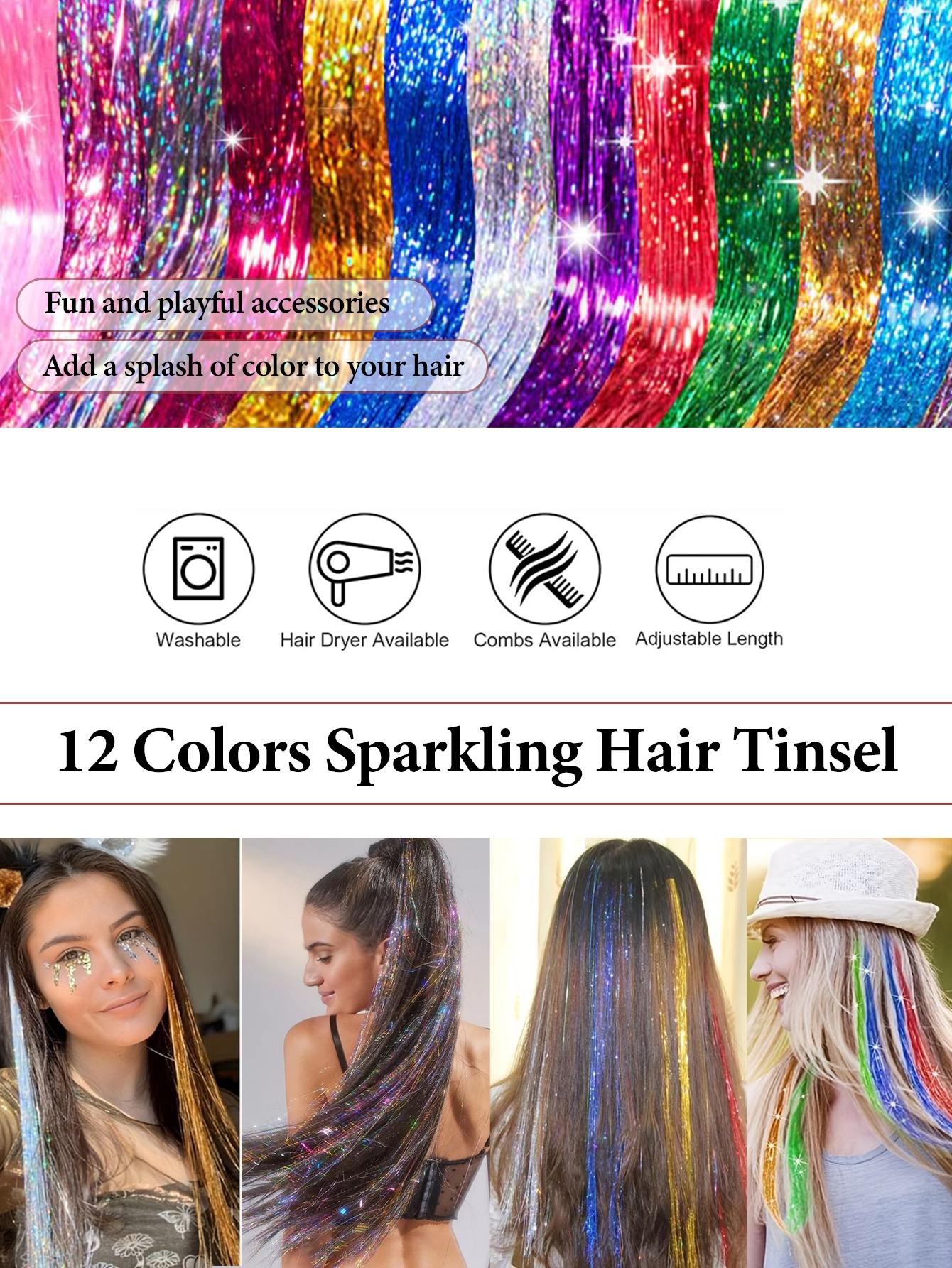 Clip in Hair Tinsel Synthetic 22 Inch Colorfull Tinsel Hair Extensions 12Pcs/Pack for Women Girls Party Christmas New Year Gift Synthetic Soft Hairpieces