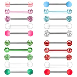 5PCS Acrylic Tongue Piercing Barbell Set Stainless Steel Glitter Tongue Rings Lot 14G Nipple Piercing Bar Bulk Piercing Langue