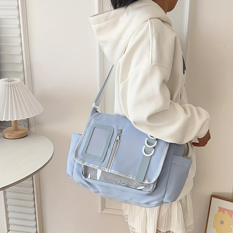 Fashion Casual Ita Crossbody Bag for Students, Lace-Up Slouch Shoulder Bag with Mesh Pocket & Clear Card Slot, Versatile Daily Commute & School Tutoring Bag