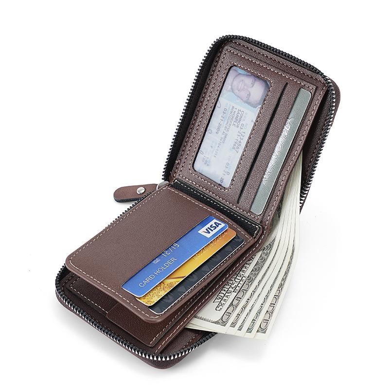 Men's  Zipper Short PU Leather Wallet Woven Tape Spliced Leather Vintage Purse Multifunctional and Multi Card ID Money Bag