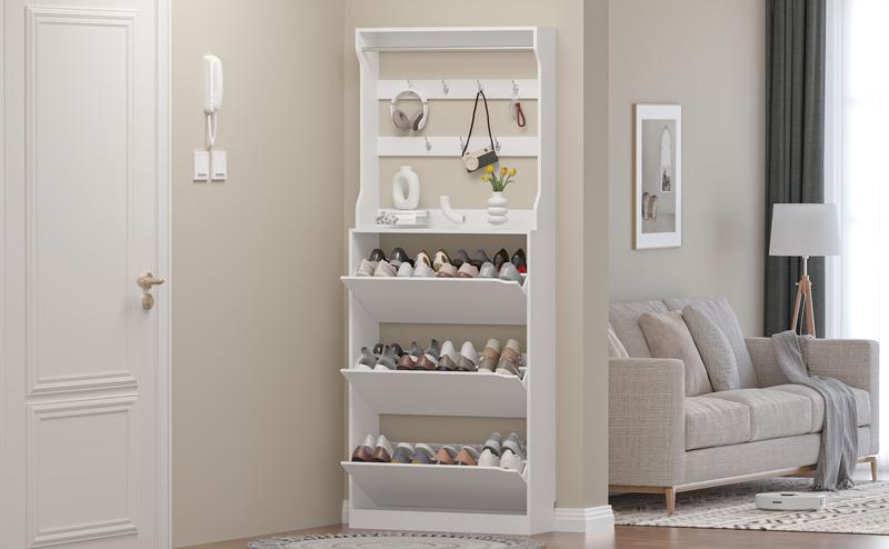 Home Decor Collection，Shoe Cabinet with 3 Flip Drawers & Coat Rack, Narrow Hidden Shoe Storage Cabinet, 2-in-1 Hall Tree Slim Freestanding Shoe Rack Organizer for Entryway, Hallway, and Living Room