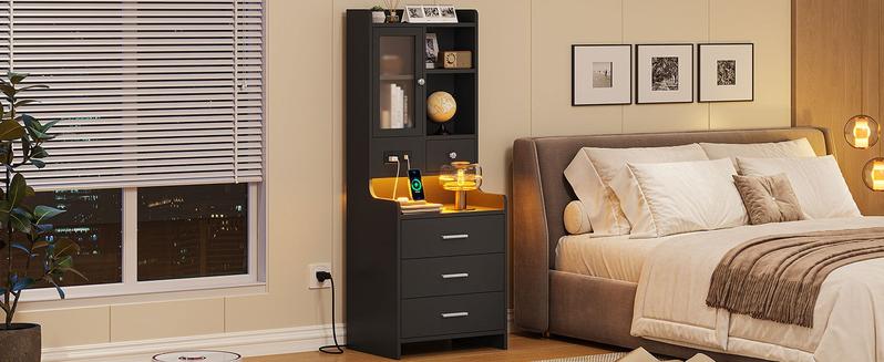Sikaic LED Tall Nightstand With Charging Station Drawers Shelves Glass Door Storage Lighted Vanity Table Bedside Cabinet