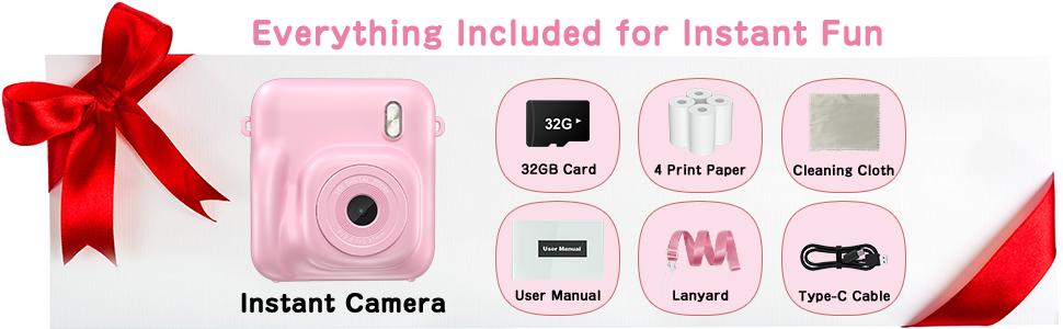 CAMKORY Kids Digital Camera, Dual-Lens Instant Print Camera, 48MP Selfie Camcorder with Lanyard | 4 Rolls Print Paper | 32GB Card | Safe & Eco-Friendly Design | Perfect Birthday Christmas Toddler Toy Camera for Kids Ages 4-10, Boys & Girls Pink
