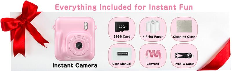 CAMKORY Kids Digital Camera, Dual-Lens Instant Print Camera, 48MP Selfie Camcorder with Lanyard | 4 Rolls Print Paper | 32GB Card | Safe & Eco-Friendly Design | Perfect Birthday Christmas Toddler Toy Camera for Kids Ages 4-10, Boys & Girls Pink