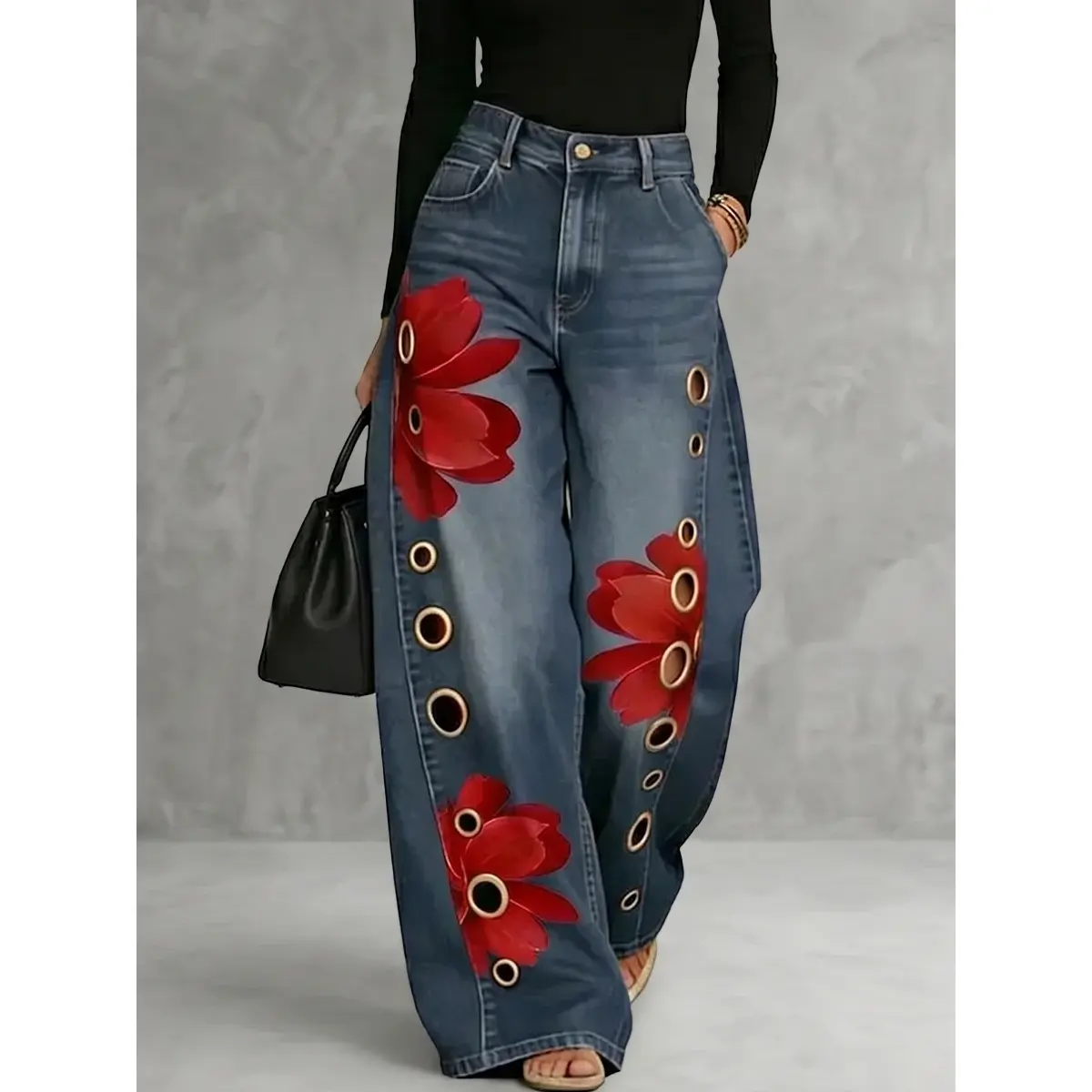 Women’s High Waisted Wide Leg Jeans Floral Print Embellished Denim Pants with Grommet Detail, Vintage Loose Fit Y2K Streetwear Jeans