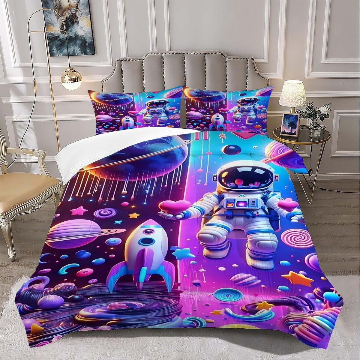 2/3-Piece Astronaut Patterned Comforter Set, Psychedelic Pop Style Bedding Set, Delicate Patterned Soft Quilted Bedspread, Perfect for Adding A Lively Atmosphere to Your Bedroom or Room, Including 1 or 2 Pillowcases, No Pillow Core